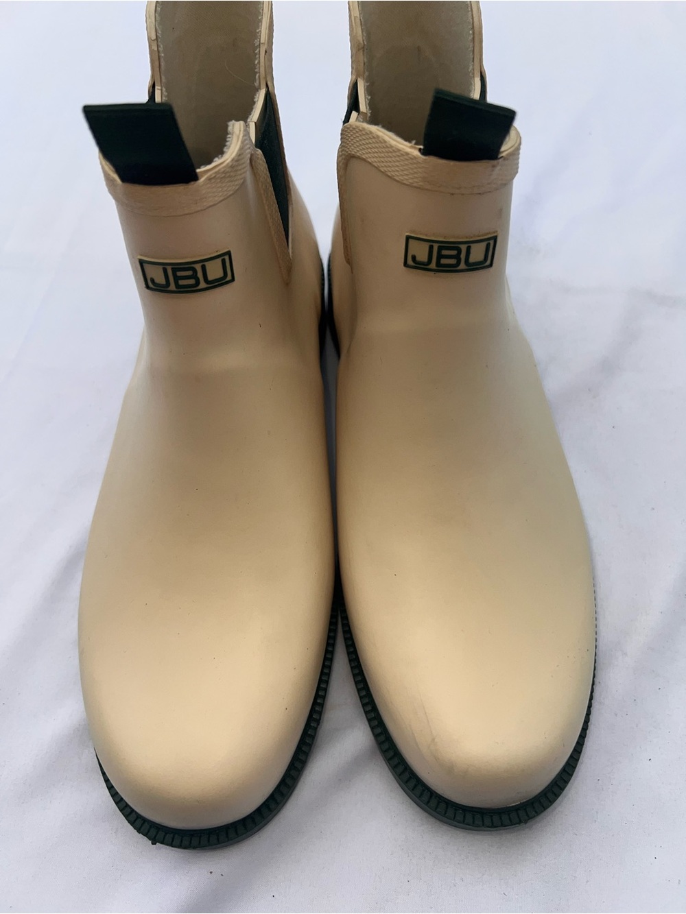 JBU Women’s Chelsea Rain Boots in Beige with Black Pull Tabs